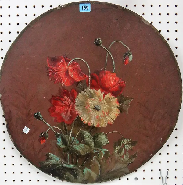 English School (circa 1900), Still life of poppies, oil on composite board, circular, formerly a table top, unframed, together with a further oil stil