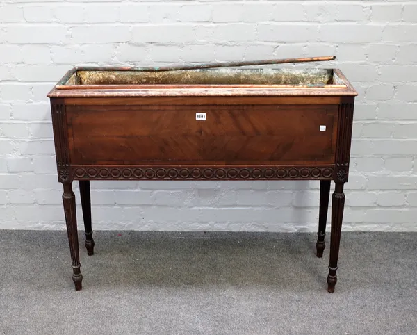 An early 20th century French inlaid mahogany rectangular jardiniere on reeded supports, 98cm wide x 78cm high.