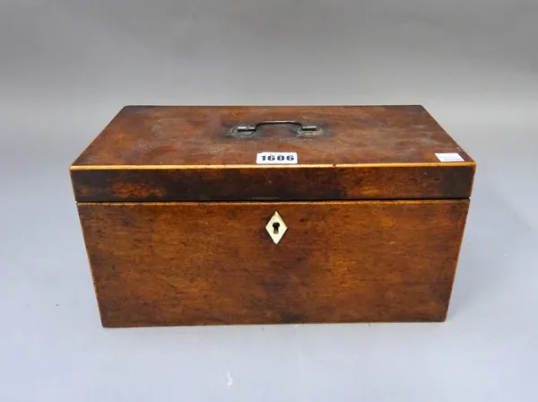 A George IV rectangular inlaid mahogany tea caddy, 31cm wide x 15cm high, together with a Victorian circular rosewood footstool, 40cm diameter, (2).
