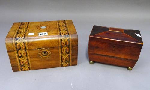 A Victorian Tunbridge Ware inlaid walnut domed top box, 25cm wide x 14cm high, together with a Regency mahogany sarcophagus tea caddy, 19cm wide x 15c