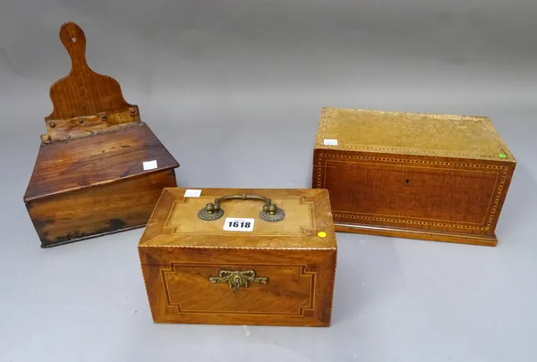 A George III inlaid mahogany and fruitwood rectangular tea caddy, with triple canister interior, 20cm wide x 12cm high, a Victorian rectangular jewell