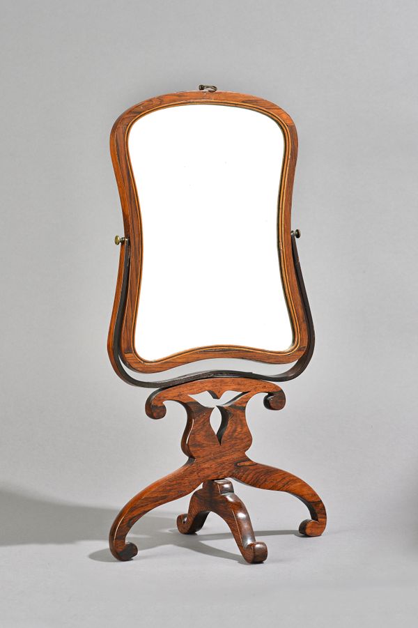 A 19th century inlaid rosewood table top dressing mirror, on folding base, 20cm wide x 45cm high. Illustrated.