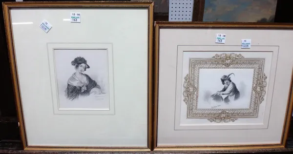 A group of eight, including two figurative pencil drawings signed Collins 1834 & 1836, a pencil drawing in the manner of Morland, a pair of stipple en
