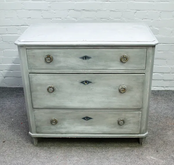 A 19th century North European, later grey painted, pine chest of three long drawers, 90cm wide x 83cm high.