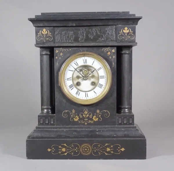 A 19th century black slate cased mantel clock with 8 day movement and classical panel decoration.   S2T