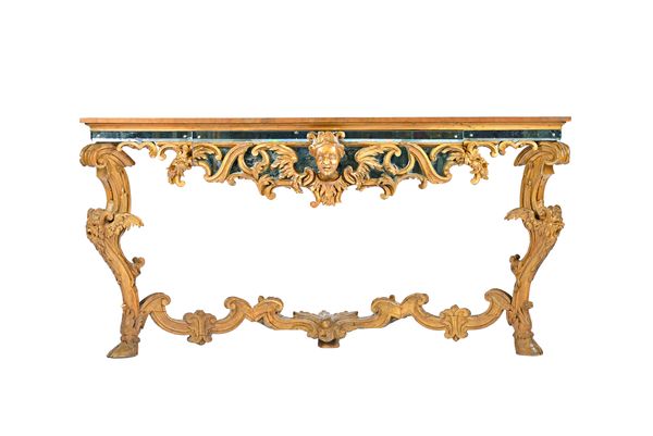 A mid-20th century painted pine and mirror console table in the Rococo style, 168cm wide x 82cm high x 50cm deep.