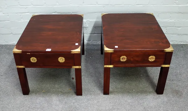 A pair of 20th century campaign style brass bound hardwood rectangular occasional tables, with single frieze drawer, 45cm wide x 41cm high, (2).  AFTE