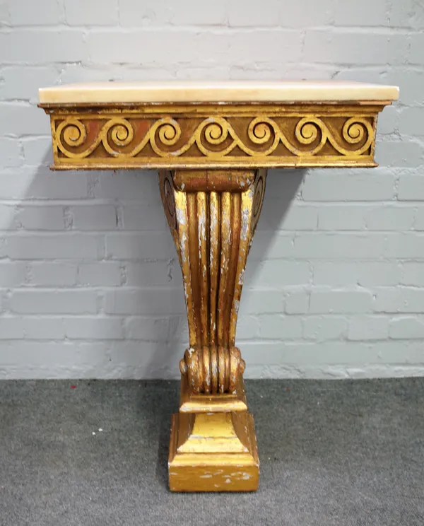 A 19th century console table of 18th century design, the marble top on a single gilt scroll base, 56cm wide x 80cm high.