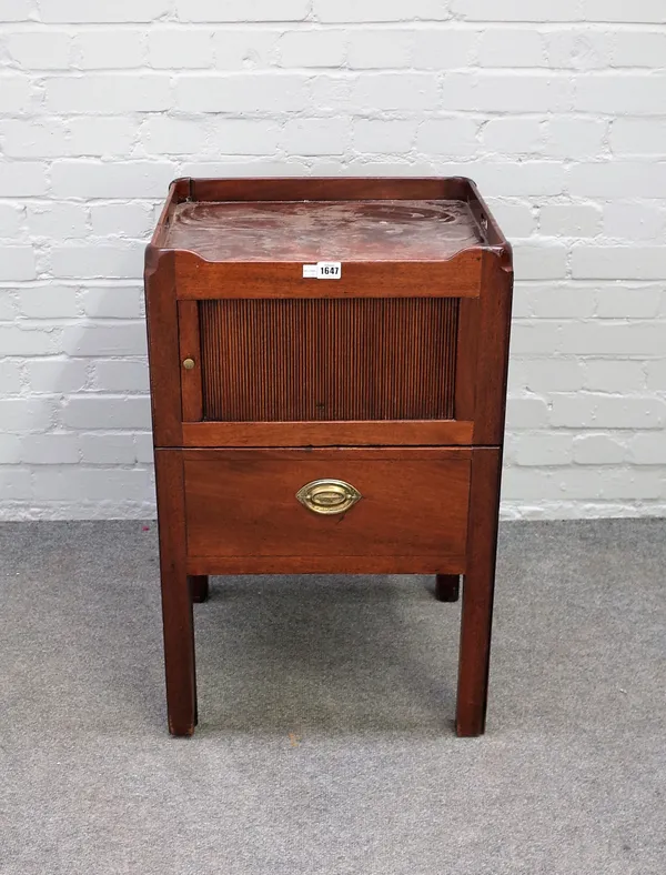 A George III mahogany tray top commode, with tambour cupboard over drawer, 50cm wide x 78cm high.