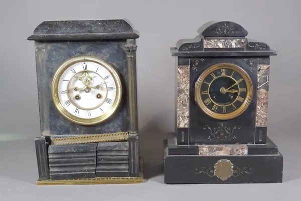 Two 19th century eight day black slate cased mantel clocks, (a.f.).   S2B