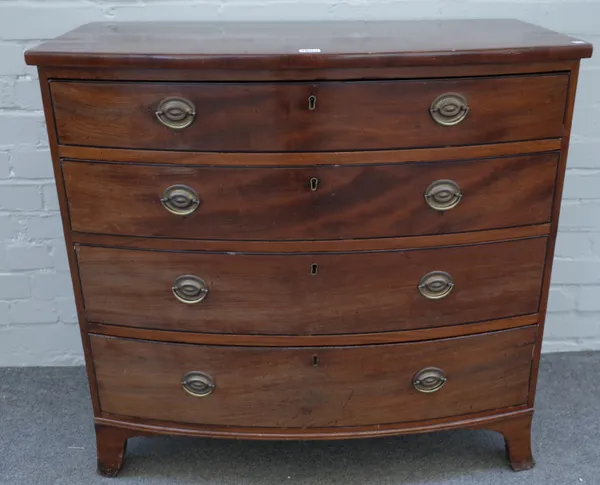 A Regency mahogany bowfront chest with four long graduated drawers on splayed bracket feet, 91cm wide x 85cm high x 50cm deep.