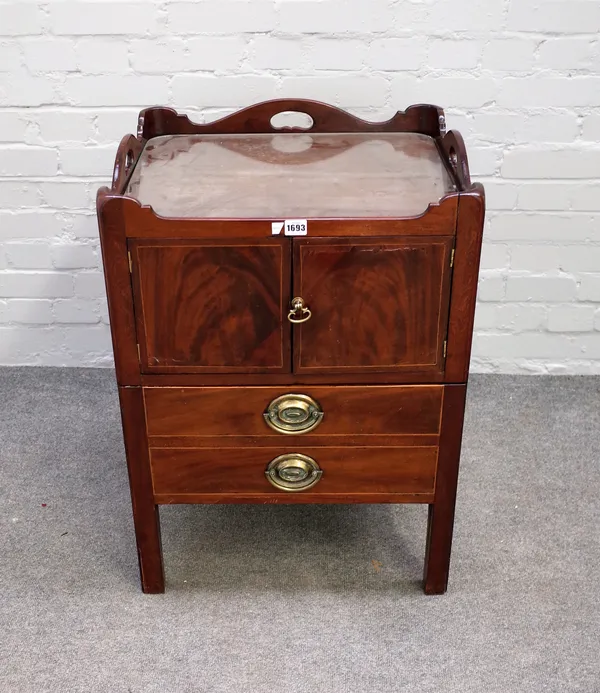 A George III mahogany tray top commode, with pair of cupboards over drawer, 55cm wide x 76cm high