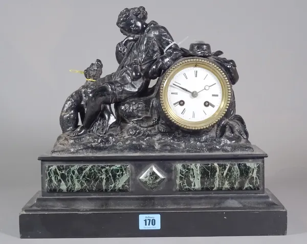 A 19th century Spelter and marble figural mantel clock formed as a boy with dog.   S2T