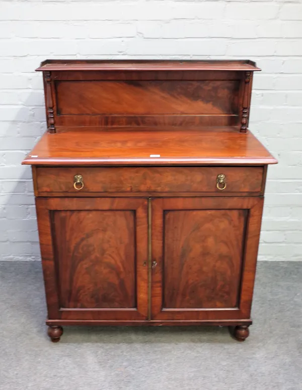 A late Regency mahogany ledge back chiffonier with single drawer over cupboard, 91cm wide x 116cm high.