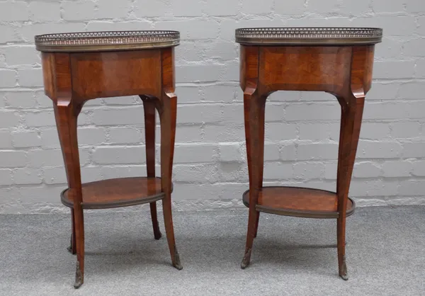 A pair of 18th century style gilt metal mounted cube parquetry inlaid occasional tables with brass galleried top and platform undertier, 41cm wide x 7
