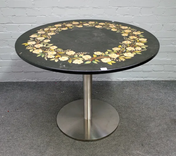 A 19th century floral painted scagliola circular table top on later chrome base, 100cm diameter x 76cm high
