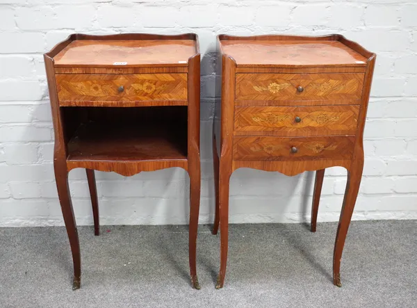 Two Louis XV style marquetry inlaid bedside tables, one with three drawers the other with single drawer over recess, 39cm wide x 74cm high.
