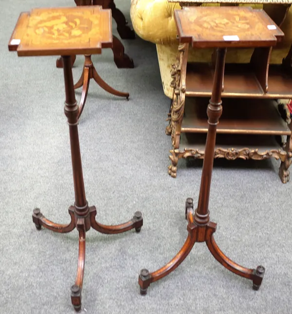 A pair of early 19th century Dutch marquetry inlaid rosewood and walnut jardiniere stands on tripod bases, 93cm high, (2).