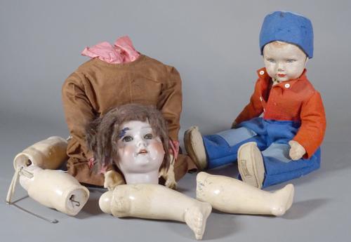 Toys, including; an early 20th century bisque head doll and another doll with celluloid head, (2).   CAB