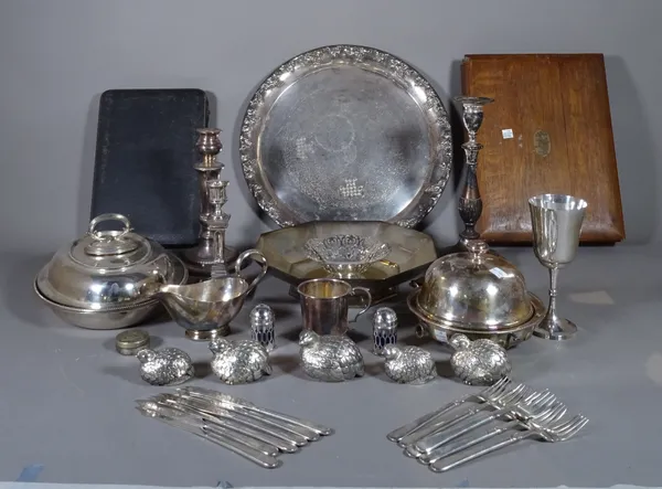 Plated wares, including; entree dishes, candlesticks, muffin dish, cased flatware and sundry, (qty).  S3B