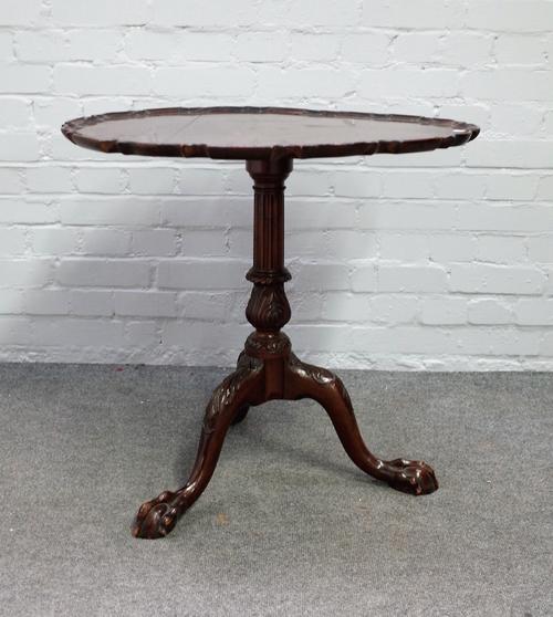 A George III mahogany pie crust occasional table on later tripod base on ball and claw feet, 71cm deep x 67cm high.