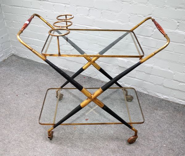 A French mid-20th century ebonised and brass drinks trolley, 77cm wide x 72cm high.