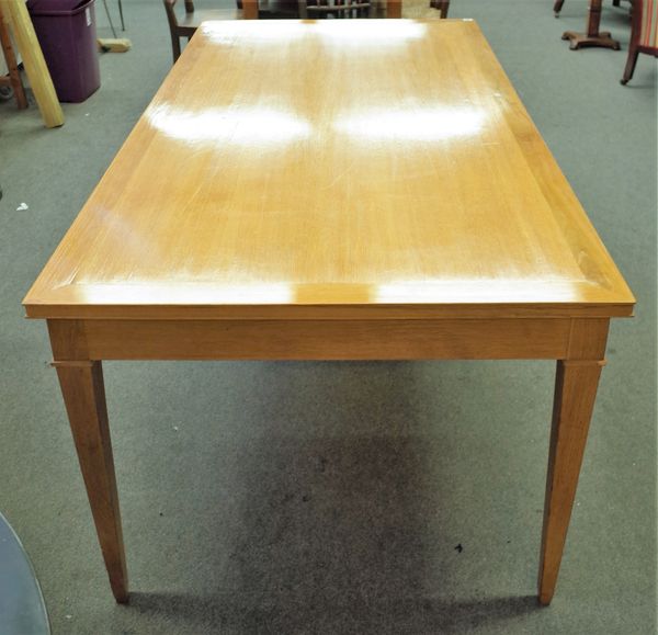 Jean Michel Frank; a sanded oak dining suite, circa 1925, the rectangular top on tapering square supports, 99cm wide x 199cm long and six matching cha