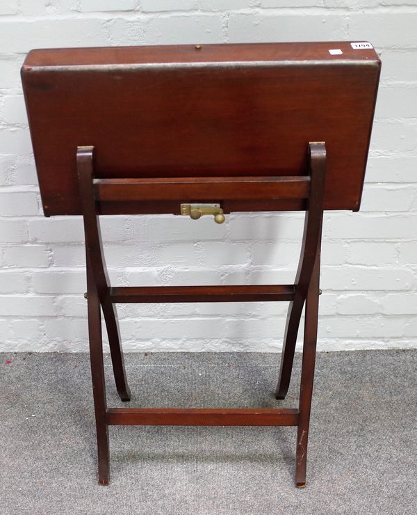 A late 19th century mahogany folding campaign/travelling writing desk, on 'X' frame base, 55cm wide x 93cm closed.