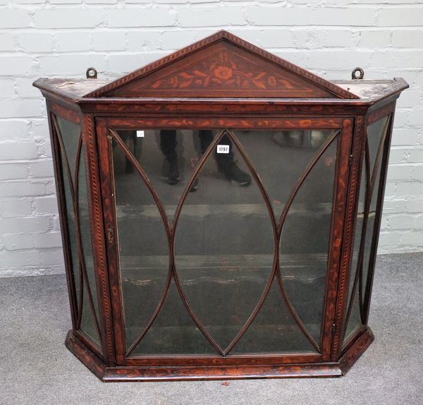 A late 18th century Dutch floral marquetry hanging display cabinet with swept sides, 107cm wide x 91cm high.