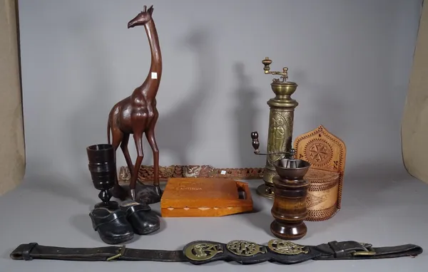 Collectables, including; horse brasses, embossed copper pepper mill, chip work wall mounted box, a carved Asian frieze, a pair of child's shoes and su