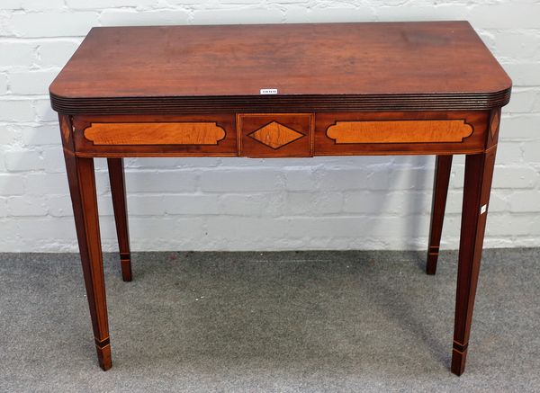 A George III satinwood inlaid mahogany 'D' shaped tea table, on tapering square supports, 93cm wide x 73cm high.