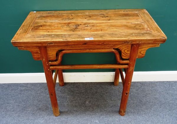 A 19th century Chinese mixed hardwood altar table, the rectangular top over pierced frieze, on turned supports and stretcher, 96cm wide x 87cm high x