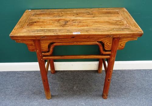 A 19th century Chinese mixed hardwood altar table, the rectangular top over pierced frieze, on turned supports and stretcher, 96cm wide x 87cm high x