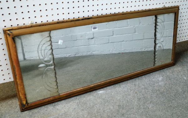 A George I, later framed, etched glass triple plate wall mirror, 102cm wide x 40cm high.