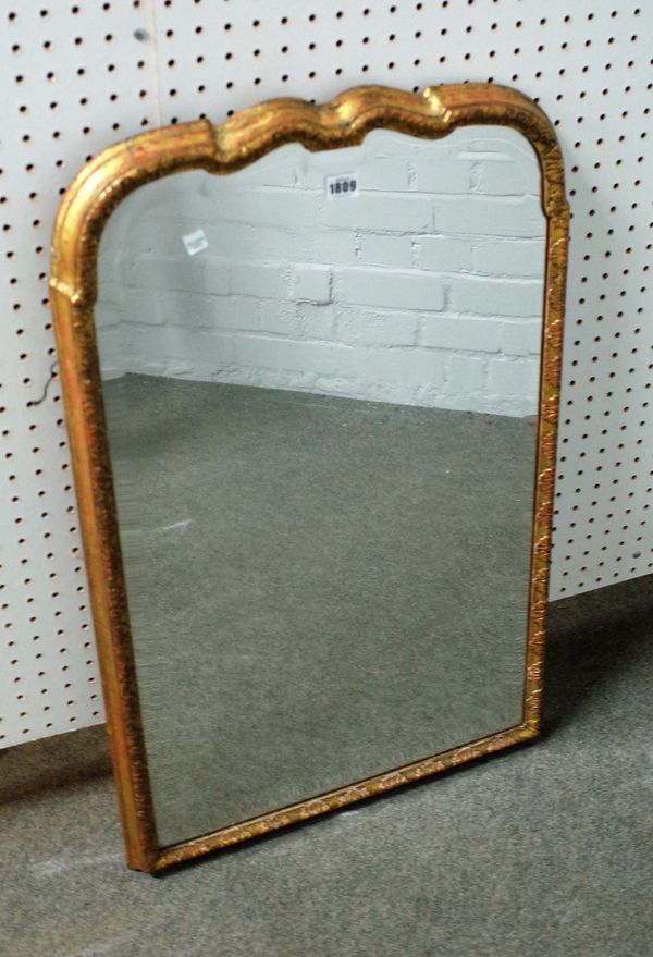 A George I gilt framed arched top mirror with bevelled plate, 52cm wide x 84cm high.