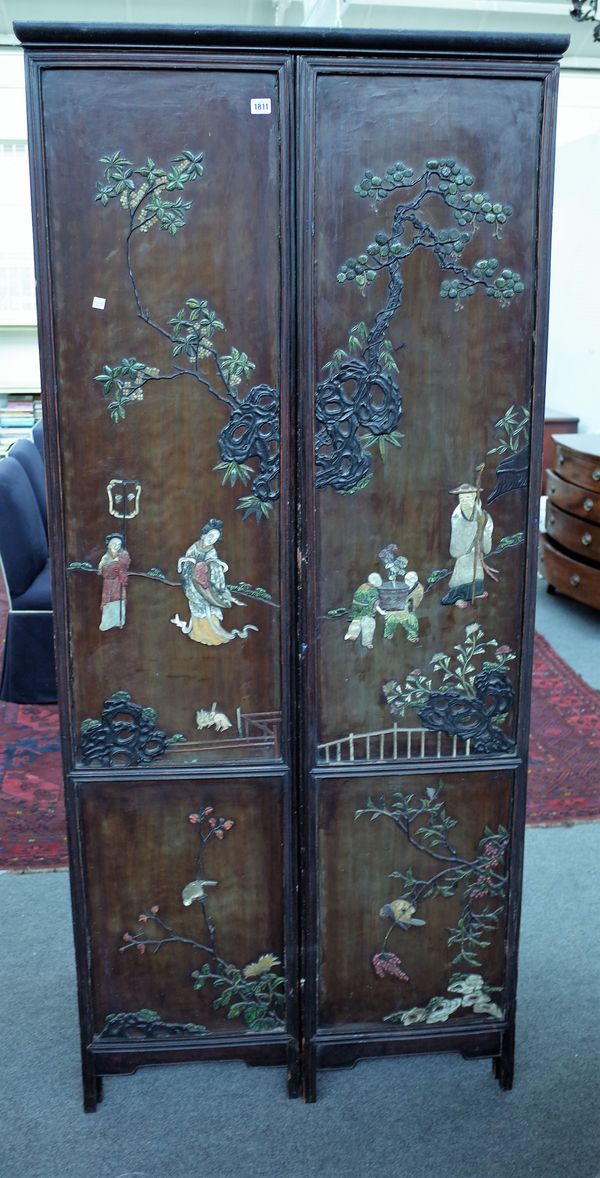 A 20th century Chinese hardstone mounted two door cupboard, 88cm wide x 198cm high.