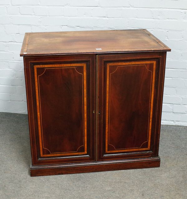 A George III satinwood banded mahogany two door side cabinet, with pair of fitted drawers, 89cm wide x 84cm high.