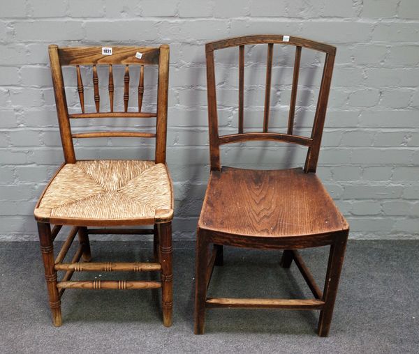 A set of six 19th century Dales ash spindle back chairs, together with four stick back chairs (10).