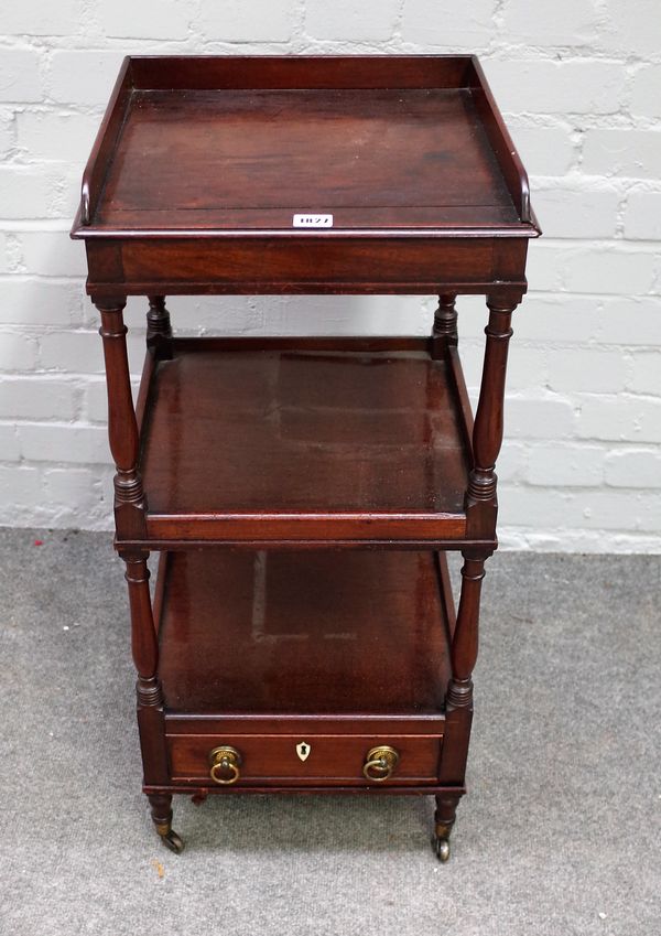 A small Regency mahogany three tier what-not, with single drawer base, 38cm wide x 80cm high.