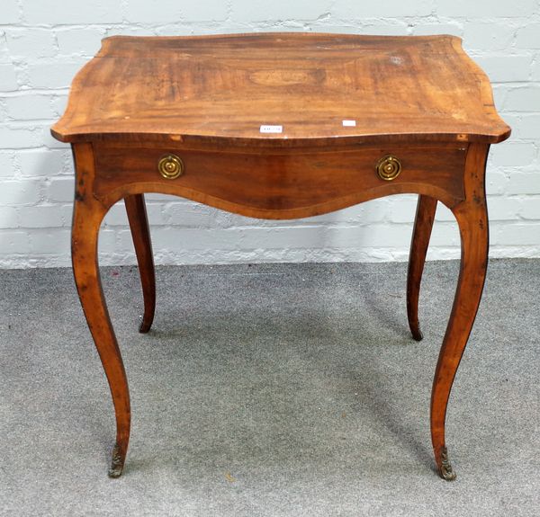 A 18th century mahogany and walnut single drawer side table of serpentine outline on cabriole supports, 70cm wide x 73cm high.