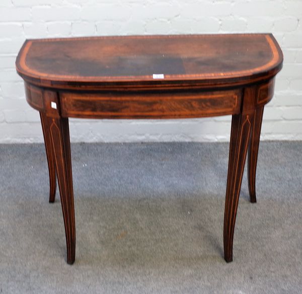 A George III satinwood banded rosewood card table, on splayed square supports, 92cm wide x 75m high.