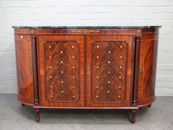 A Regency style gilt metal mounted mahogany marble topped four door side cabinet, 154cm wide x 93cm high.