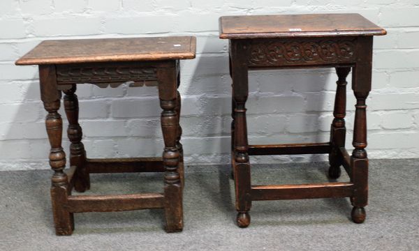 A 17th century and later oak joint stool, top later, 40cm wide x 60cm high, together with another 51cm wide x 55cm high.