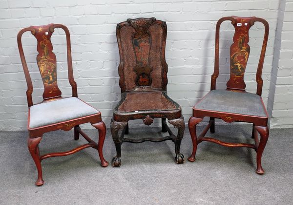 After Giles Grendey, a pair of scarlet Japanned Queen Anne style vase back dining chairs, 56cm wide x 103cm high, together with a George II style chin