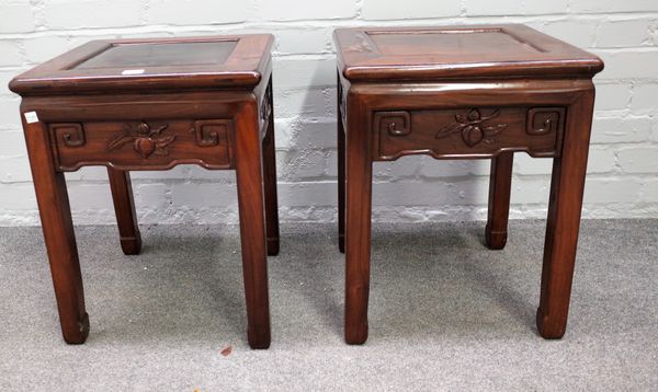 A pair of early 20th century Chinese carved hardwood square occasional tables, 40cm wide x 51cm high, (2).