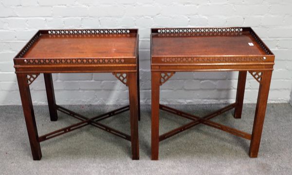 A pair of George II style mahogany pierced gallery topped silver/occasional tables, 63cm wide x 64cm high.