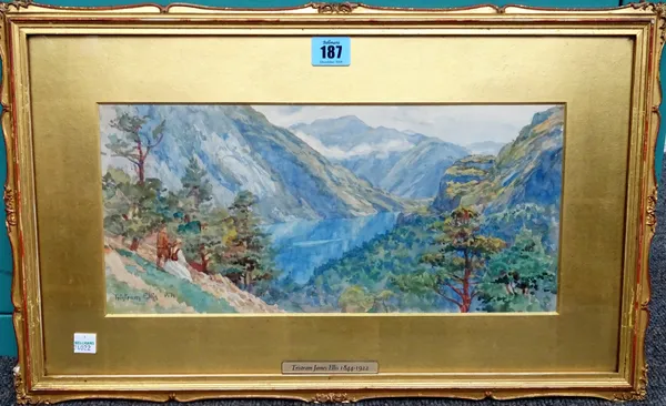 Tristram Ellis (1844-1922), Mountain and lake view, watercolour, signed, 17cm x 37cm.  E1