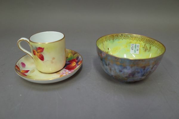 A Royal Worcester fruit decorated coffee cup and saucer by Kitty Blake, signed, (cup 6cm high), and a Wedgwood lustreware bowl (10.4cm diameter), (2).