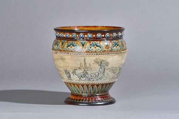 A Doulton Lambeth stoneware jardinière by Hannah Barlow, dated 1884, sgraffito decorated with a band of donkeys, geese, goats and a farm hand within a