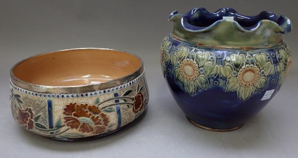 A Doulton Lambeth stoneware bowl with silver plated rim dated 1881, incised with flowers (20.5cm diameter), and a Royal Doulton stoneware blue ground